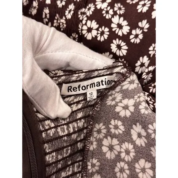 Reformation Dress 12 Womens Chocolate Brown Floral Plunge Smocked Mini - Picture 8 of 9